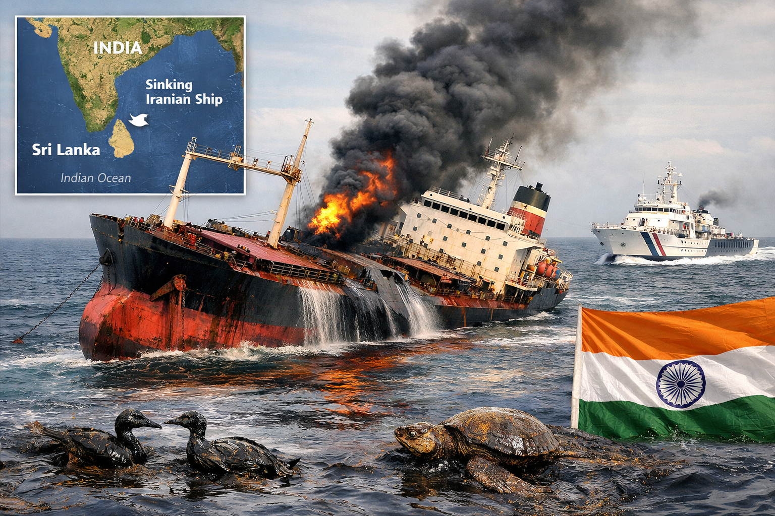 Sinking Iranian Ship Near Sri Lanka