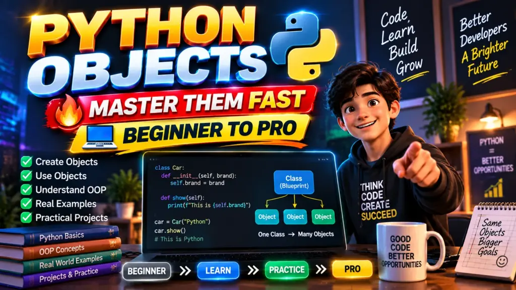 Python Objects tutorial showing object-oriented programming concepts, classes, objects, and Python coding examples.