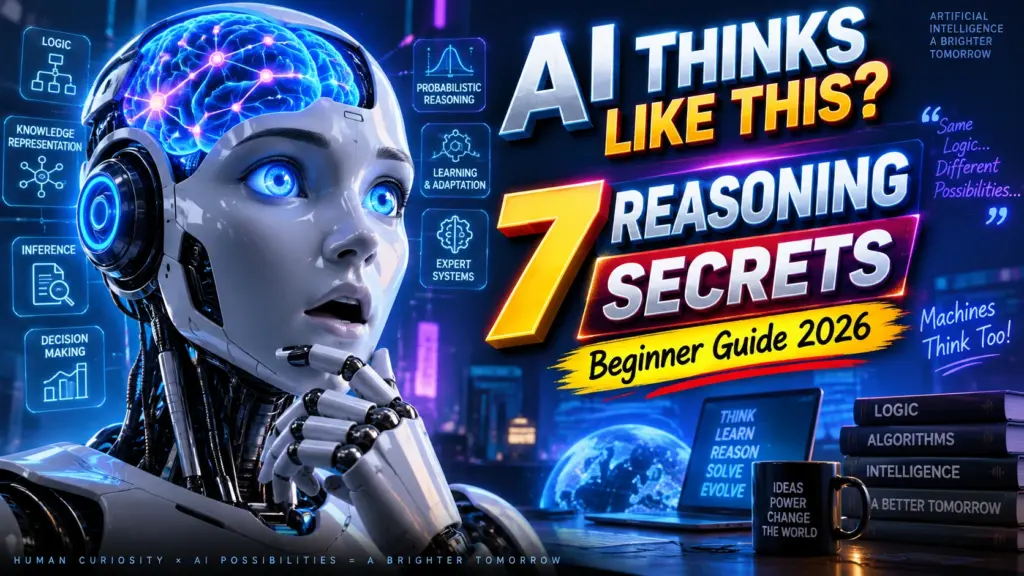 Reasoning in Artificial Intelligence explained with a futuristic AI robot showing 7 essential AI reasoning concepts for beginners.